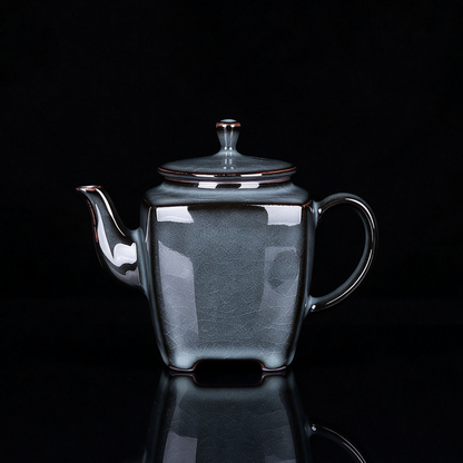 Handcrafted Ge Kiln square teapot in slate grey crackle glaze with dark iron clay rim accents