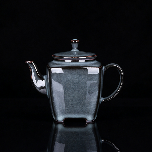 Handcrafted Ge Kiln square teapot in slate grey crackle glaze with dark iron clay rim accents