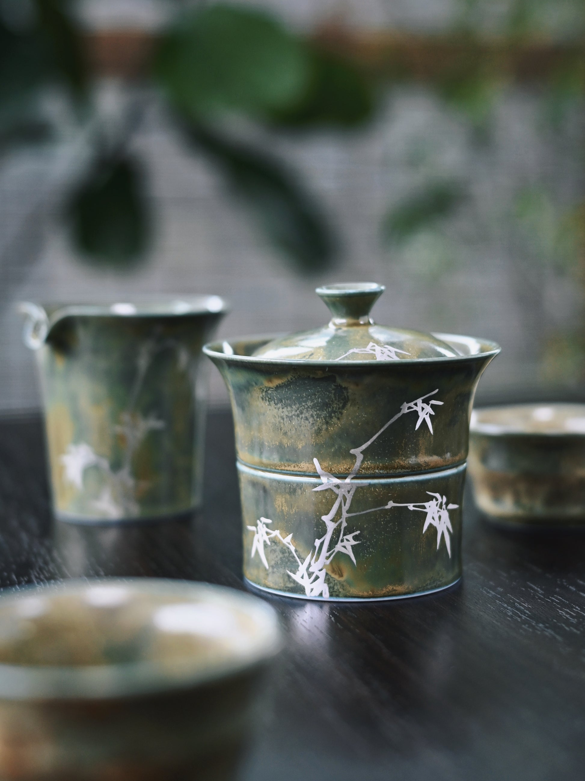 Saanwu hand painted silver-gilt bamboo shape vintage ceramic gaiwan tea set from Jingdezhen