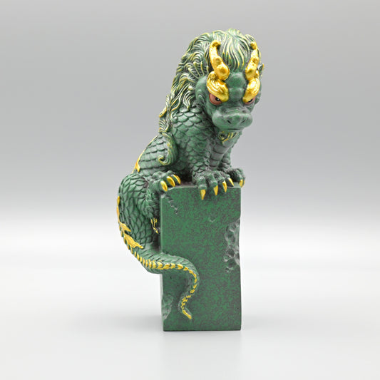 Green sandstone carved dragon tea pet with gold accents - traditional Chinese tea companion decoration