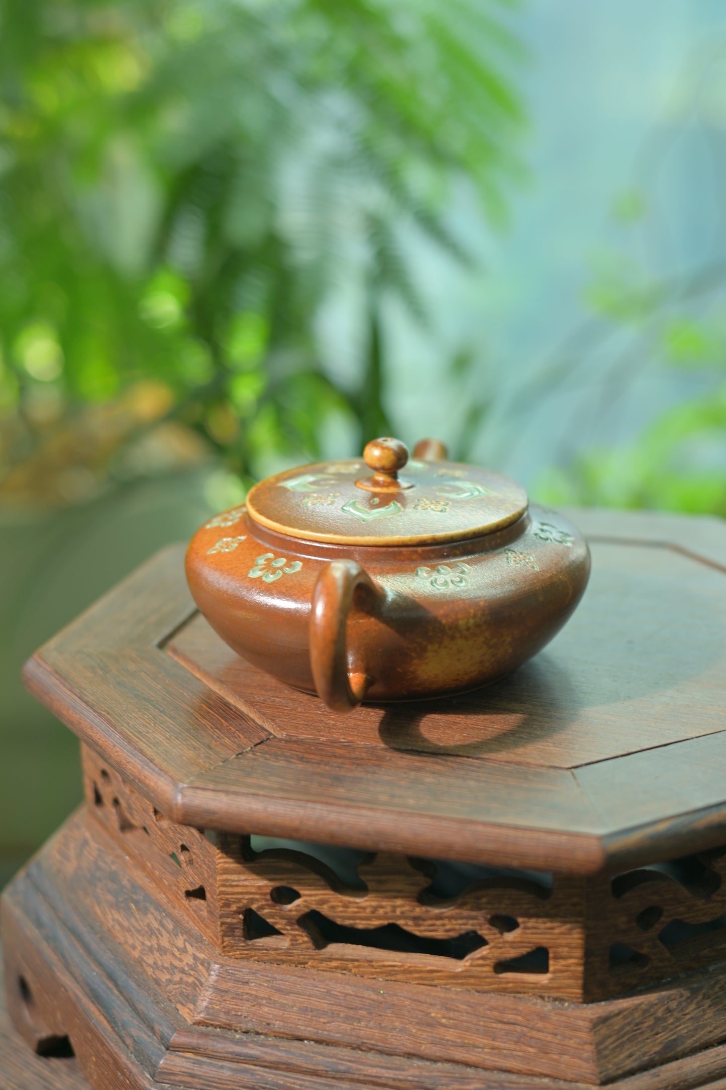 Zen-inspired tea ware: hand-carved celadon teapot for meditative Gongfu tea ceremonies