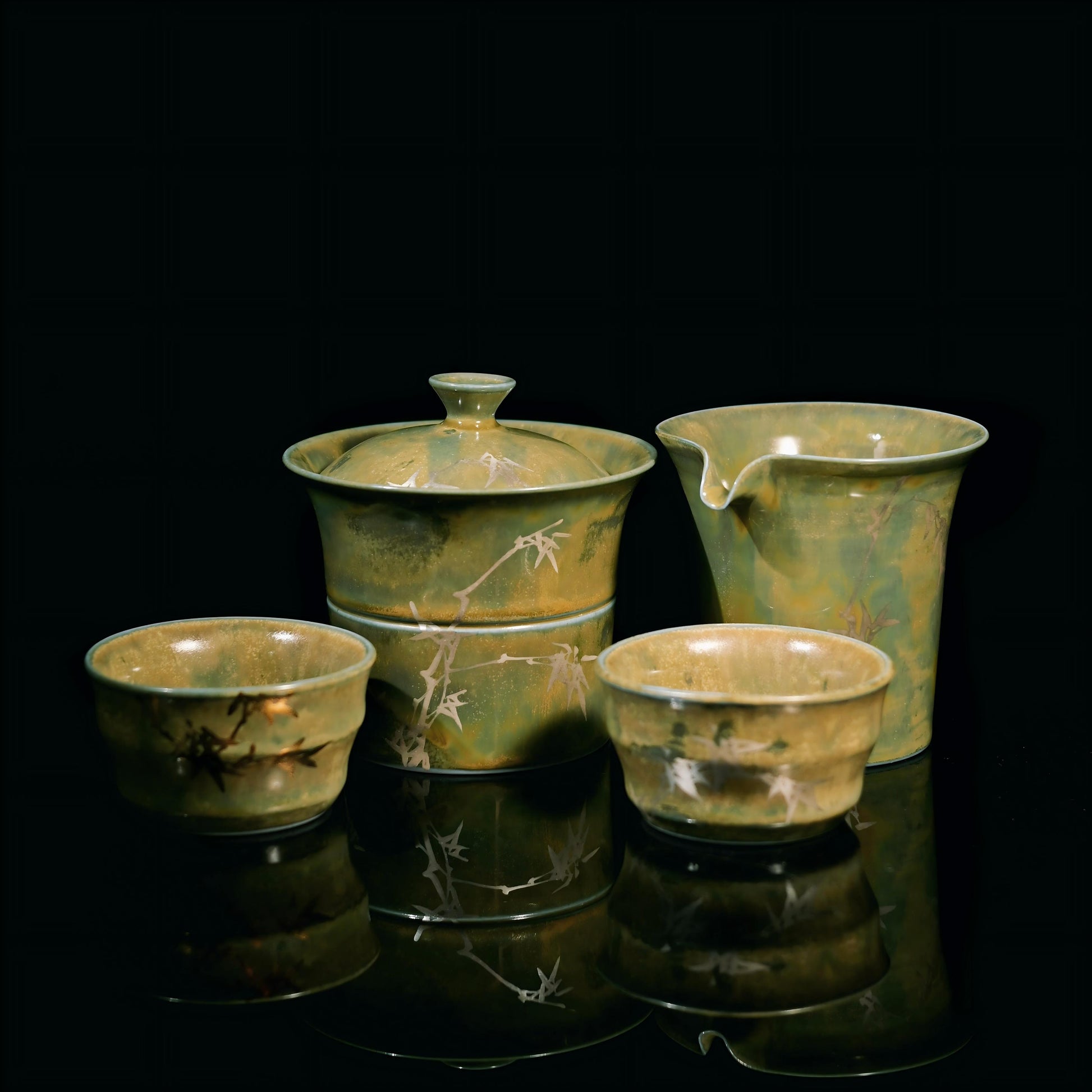Saanwu hand painted silver-gilt bamboo shape vintage ceramic gaiwan tea set from Jingdezhen