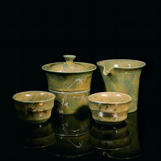 Saanwu hand painted silver-gilt bamboo shape vintage ceramic gaiwan tea set from Jingdezhen