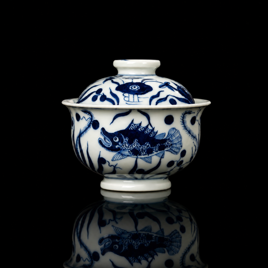 Hand-Painted Blue and White Porcelain Gaiwan with Fish and Aquatic Plants in a front studio shot.