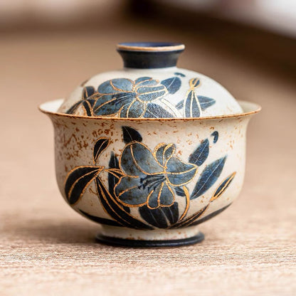 Old Clay Blue-and-White Volcanic Stone Style Caramel Glaze Gaiwan with Hand-Painted Daffodils Design