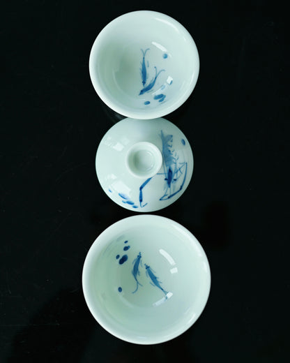 Jingdezhen handbemaltes Garnelen-Blau-und-Weiß-Porzellan-Gaiwan-Set