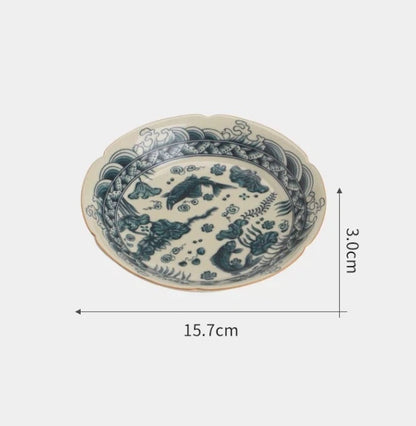 Jingdezhen Handbemalter Fisch- und Algen-Teeteller / Topfuntersetzer mit Krakelee-Glasur