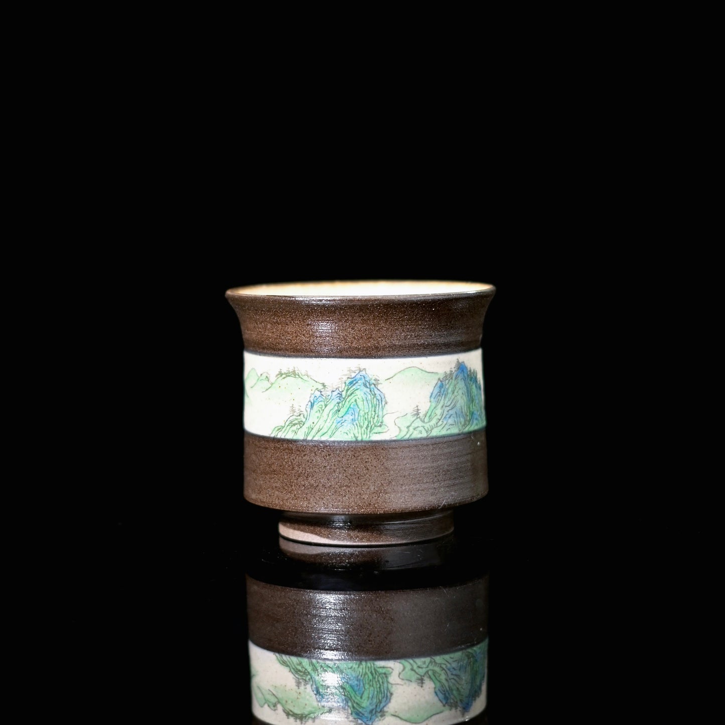 Hand-painted mineral blue and green landscape wrapping around full gaiwan exterior with mist and cloud separation