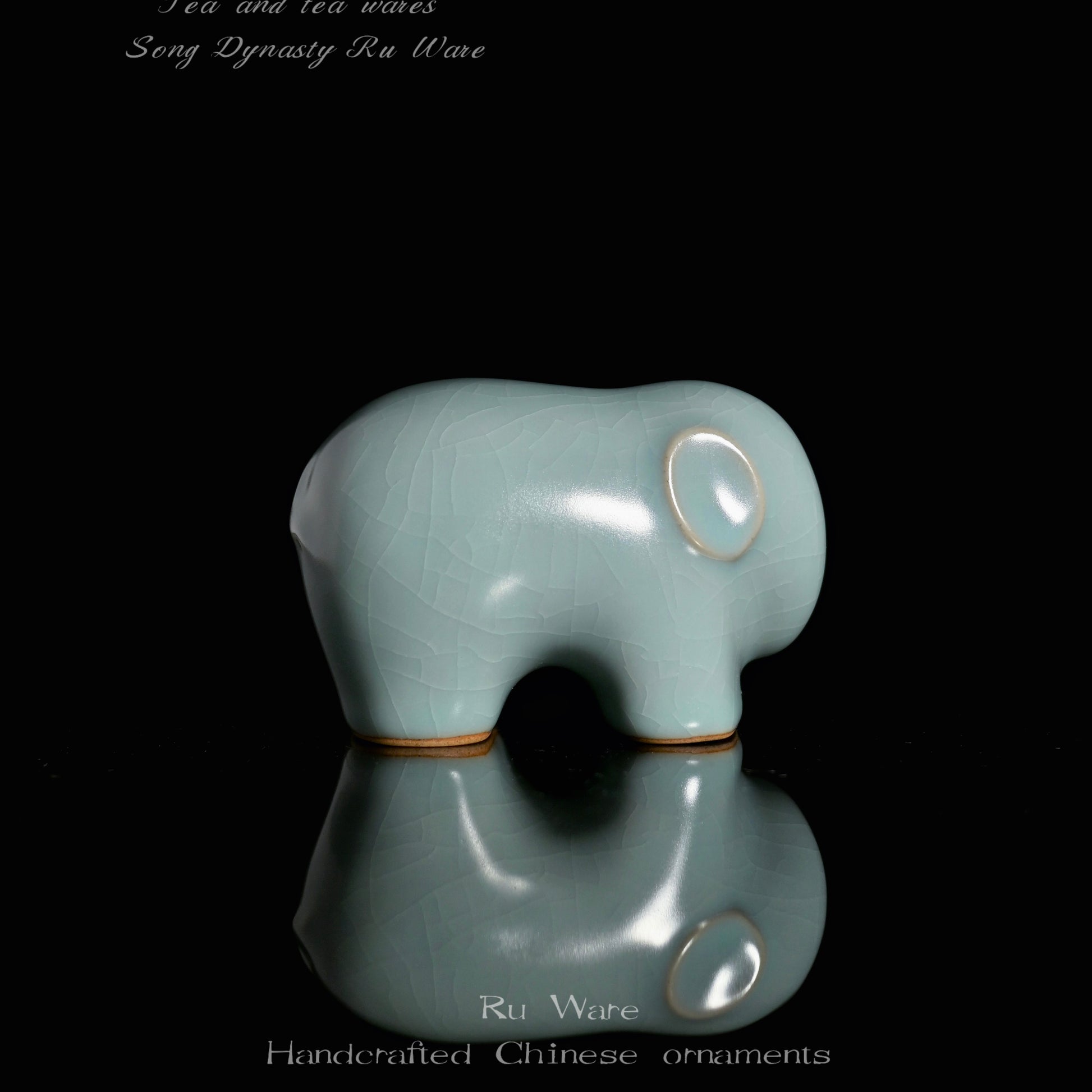 Hand-thrown Ru Ware elephant tea pet ornament, antique sky blue glaze with natural cicada crackle texture, traditional Chinese tea ware accessory