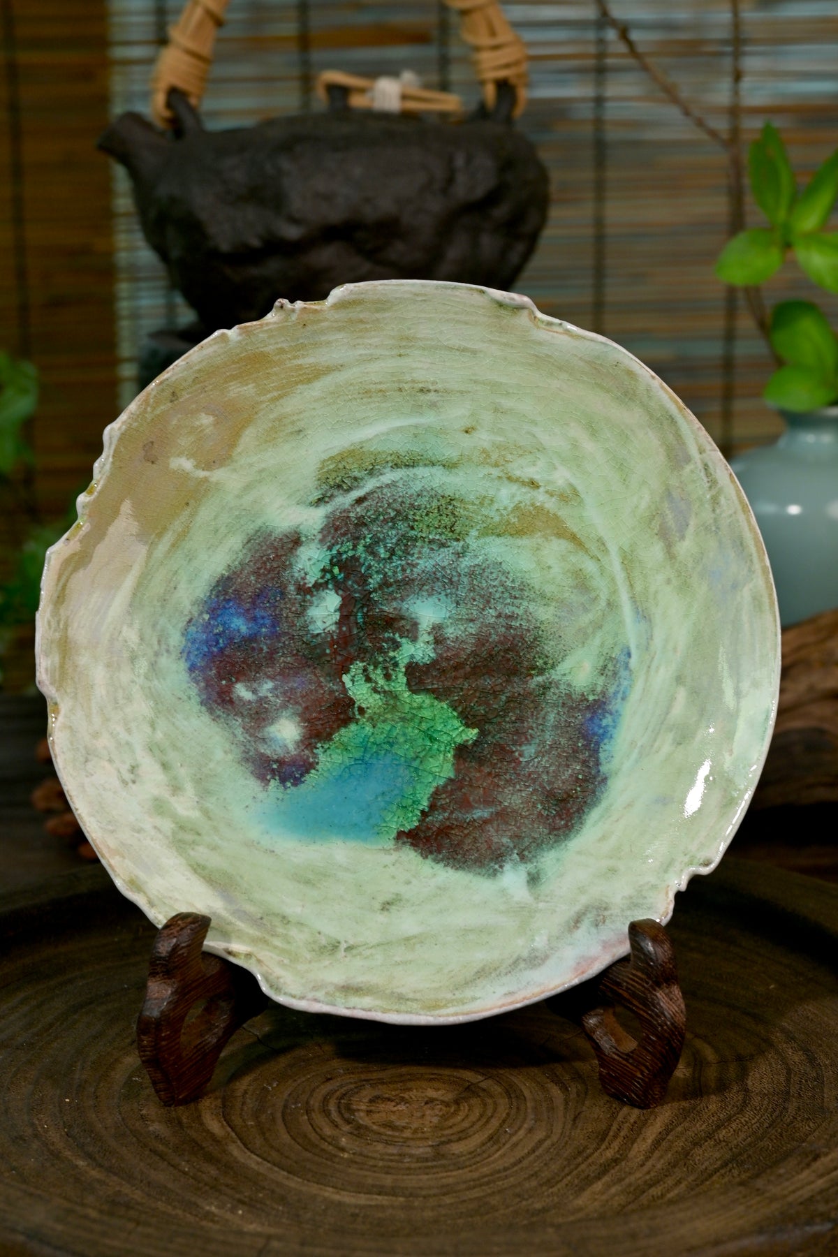 Hand-sculpted organic edge soda glaze plate used as teacup coaster and tea snack dish
