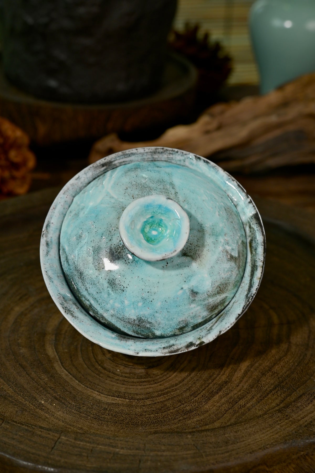 Artisanal wood-fired soda kiln blue gaiwan 100ml set for Gongfu tea ceremony