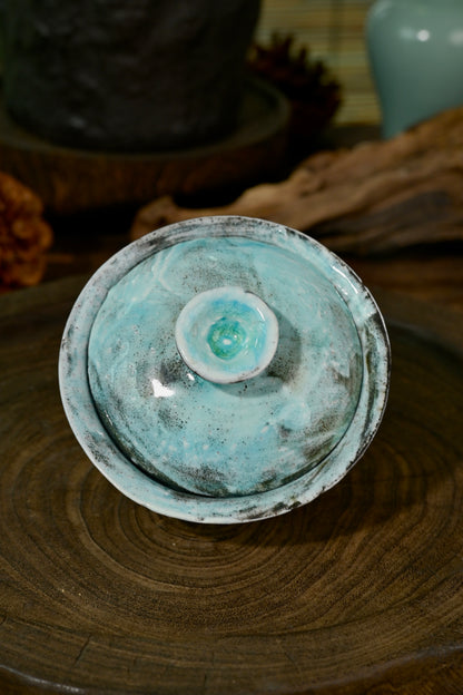 Artisanal wood-fired soda kiln blue gaiwan 100ml set for Gongfu tea ceremony