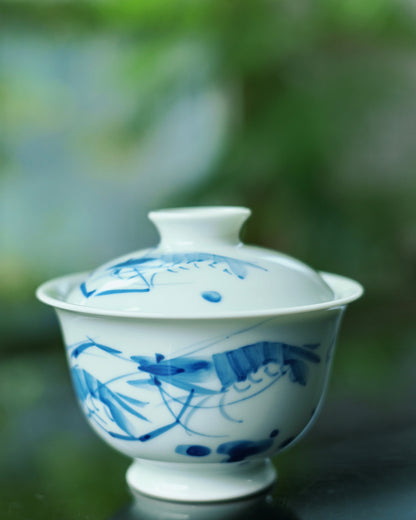 Jingdezhen handbemaltes Garnelen-Blau-und-Weiß-Porzellan-Gaiwan-Set