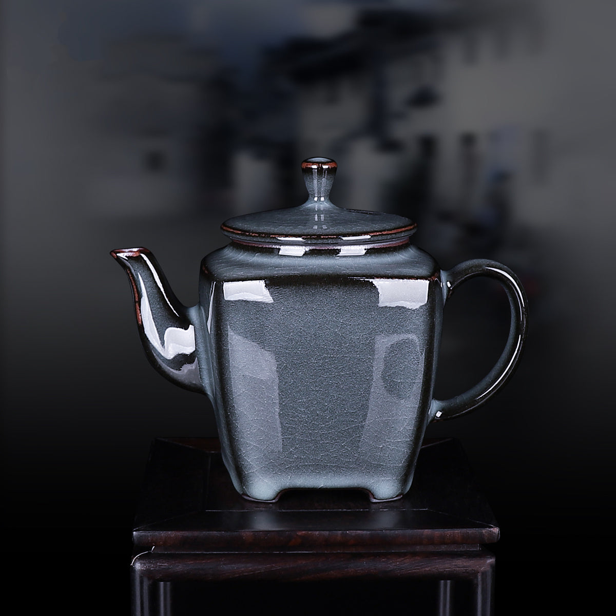 Traditional Chinese Ge Kiln teapot featuring structured square shape and ice crackle lines