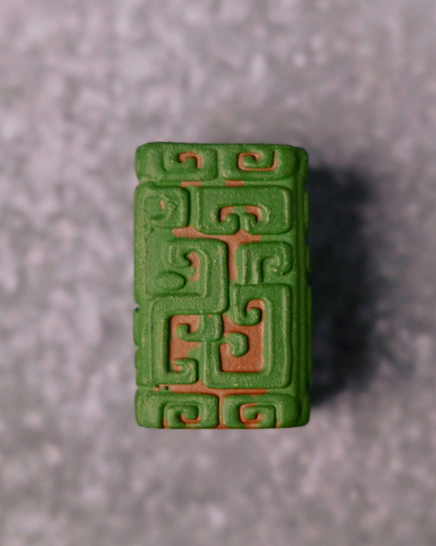 Saanwu Studio Yixing Clay Taotie carved rectangular pillar with unglazed finish that develops patina when fed with tea rinse