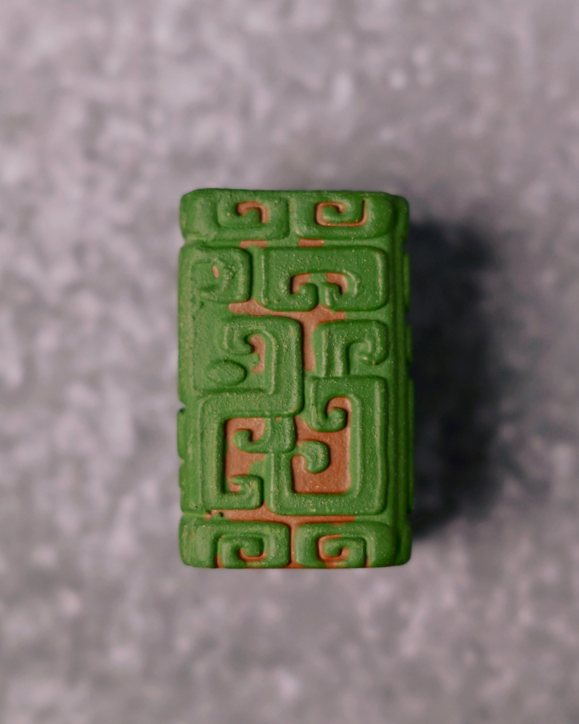 Saanwu Studio Yixing Clay Taotie carved rectangular pillar with unglazed finish that develops patina when fed with tea rinse