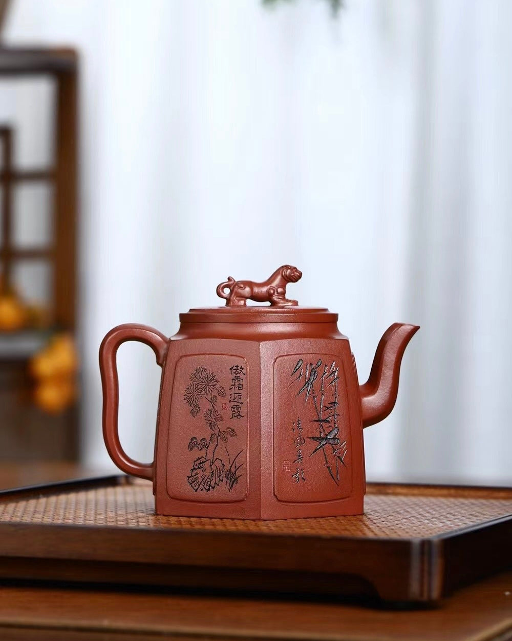 Traditional Chinese Yixing Zisha teapot with six-sided Jaguar style