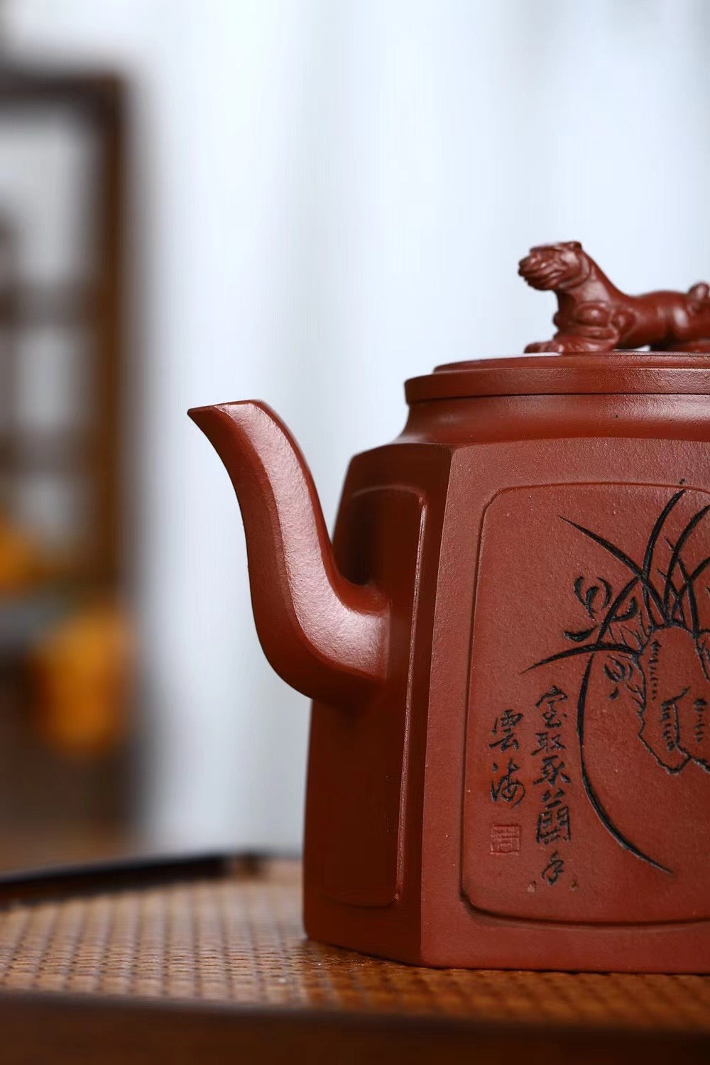 Collectible Yixing Zisha six-cornered teapot with sculpted Jaguar detail