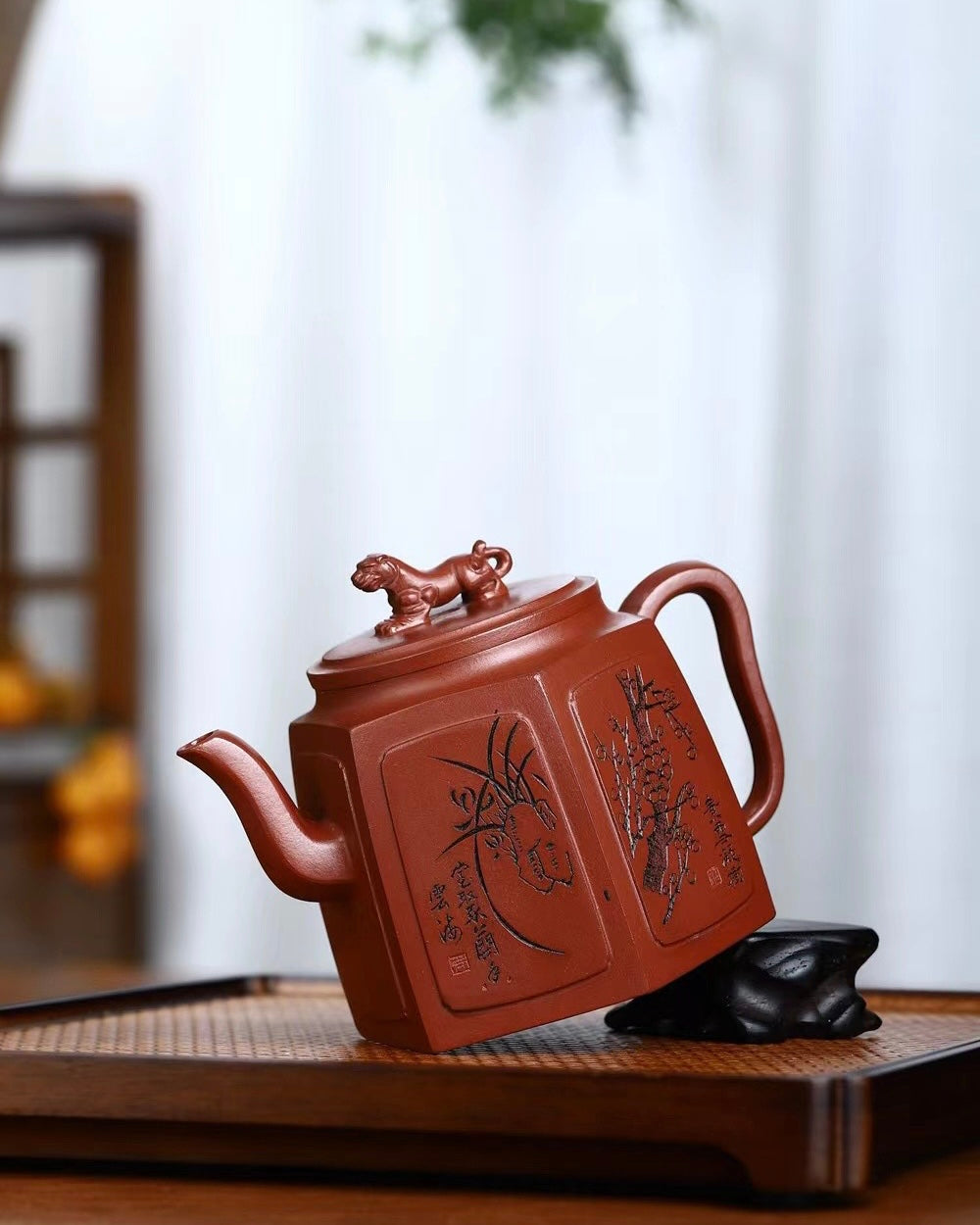 Handmade Yixing Zisha Jaguar teapot, hexagonal body artisan crafted