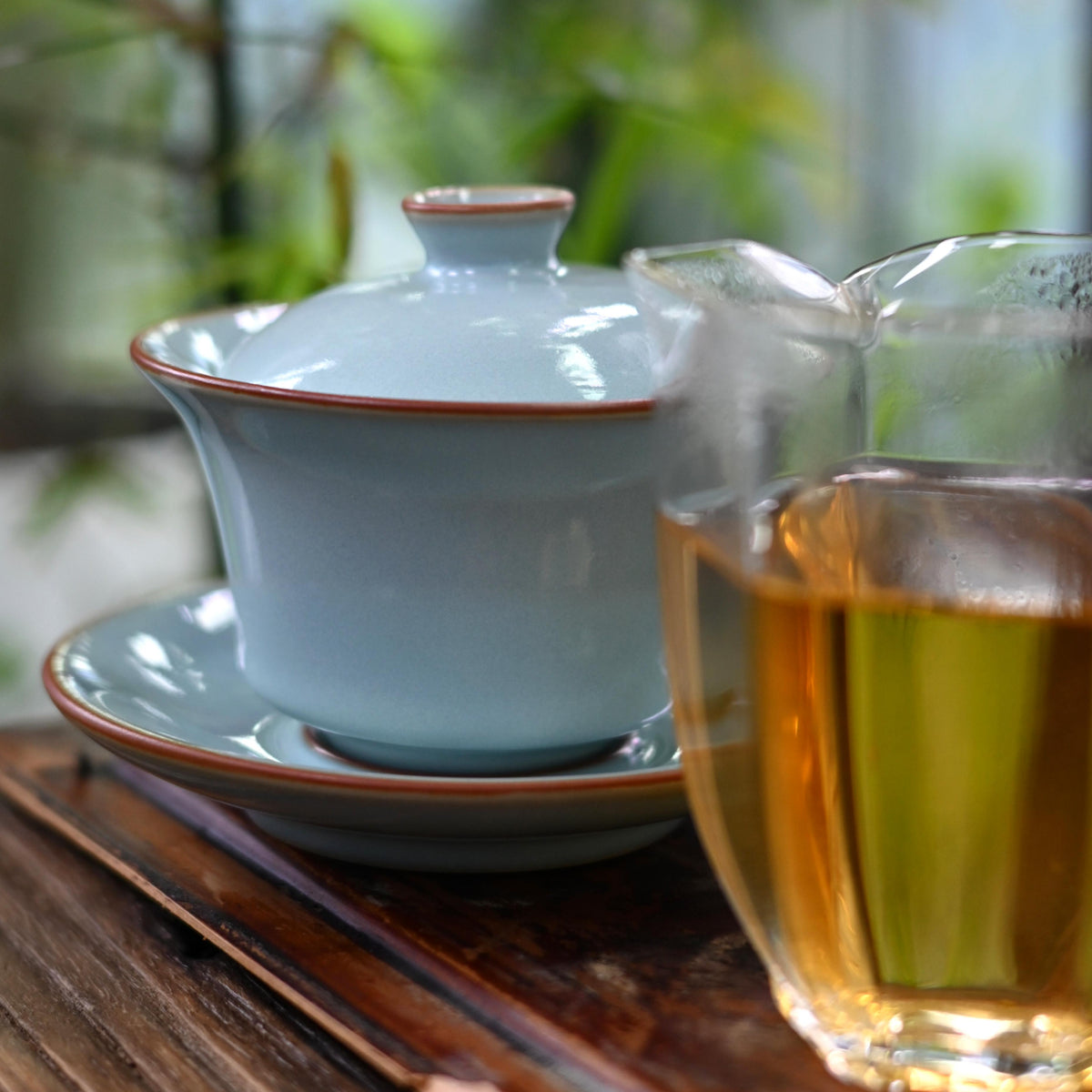 Ru ware gaiwan made with national intangible heritage firing craft, sky-cyan agate glaze celadon for premium gongfu tea