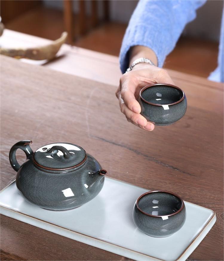 Longquan Celadon tea set with high iron content clay body providing unique mineral properties and firing characteristics