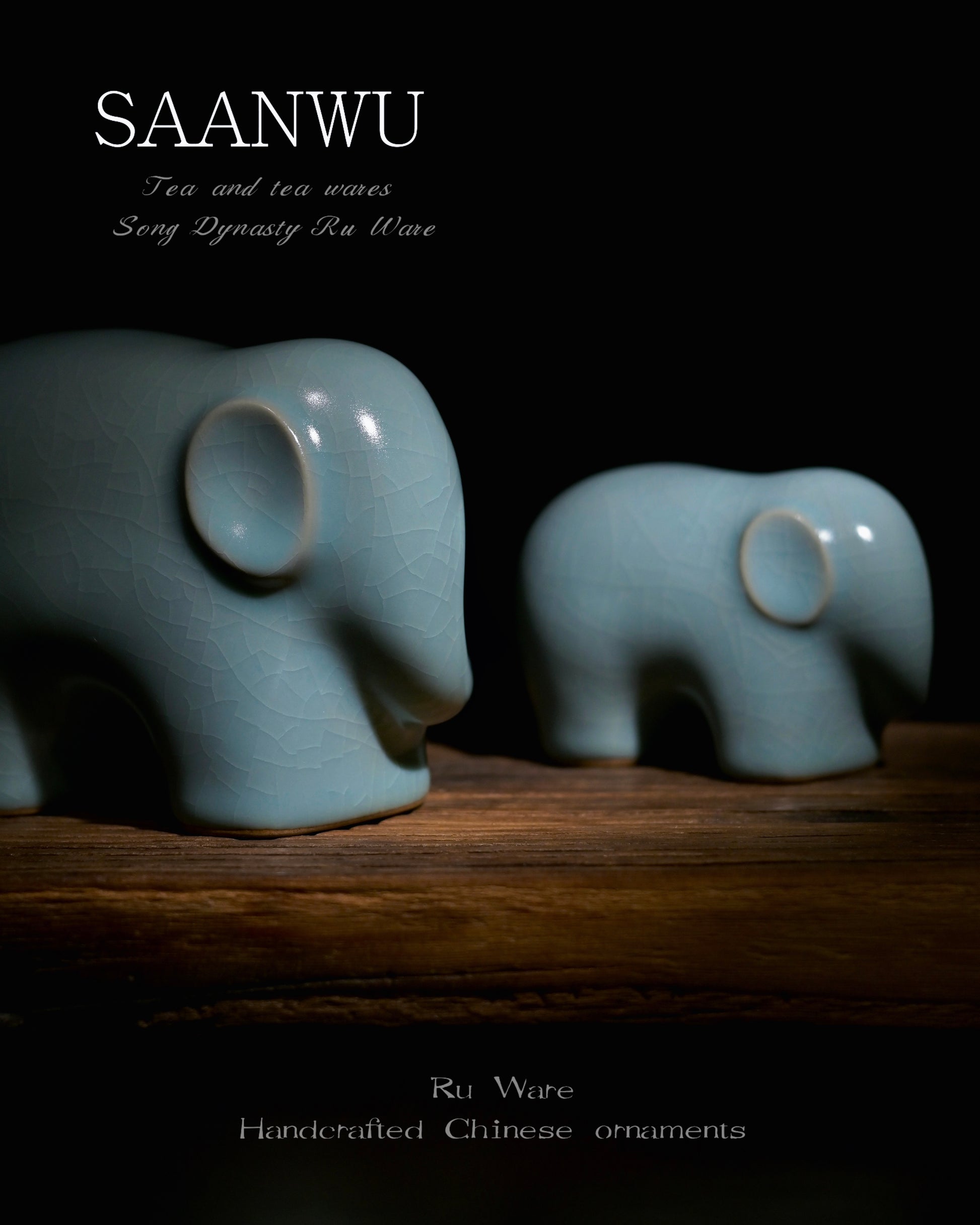 Auspicious housewarming craft gift Ru porcelain parent baby elephant tea pet set, sky cyan crackle glaze Chinese ceramic ornament