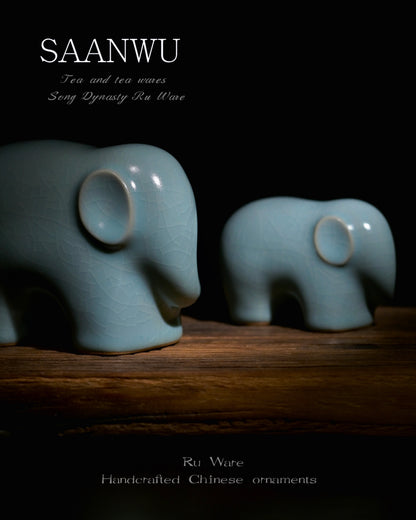 Auspicious housewarming craft gift Ru porcelain parent baby elephant tea pet set, sky cyan crackle glaze Chinese ceramic ornament