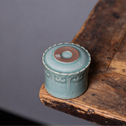 Classical Chinese porcelain teacup with embossed base and jade green crackle glaze