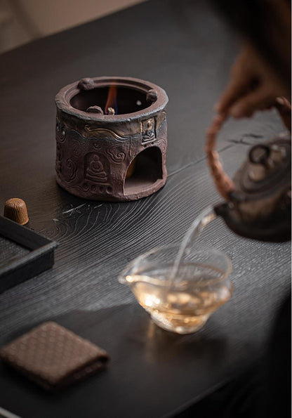 Théière rustique en argile de style Wabi-sabi avec poignée rétro et réchaud à alcool