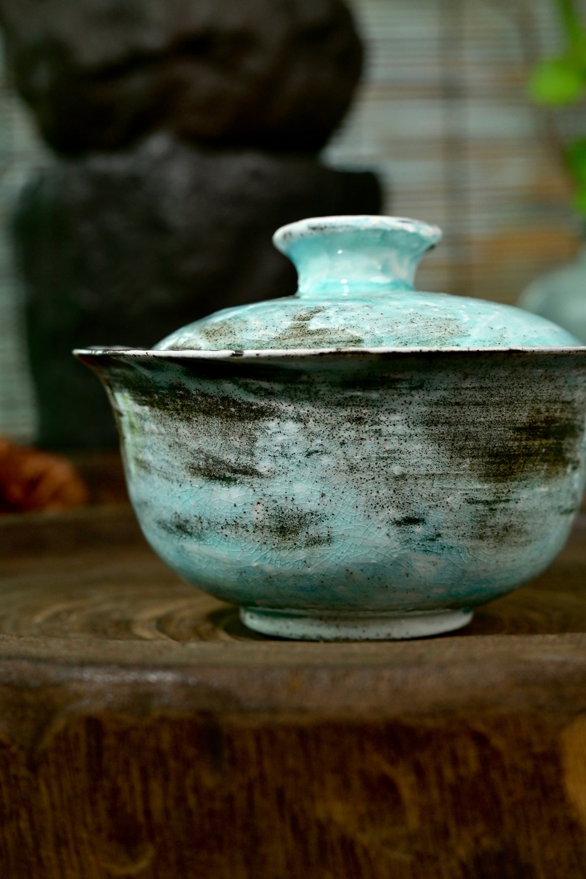 Unique blue Kohiki gaiwan fired in wood-fired soda kiln with rustic earthy texture