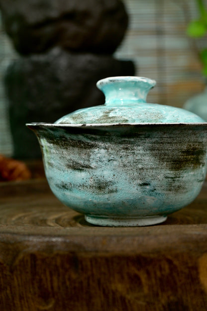 Unique blue Kohiki gaiwan fired in wood-fired soda kiln with rustic earthy texture