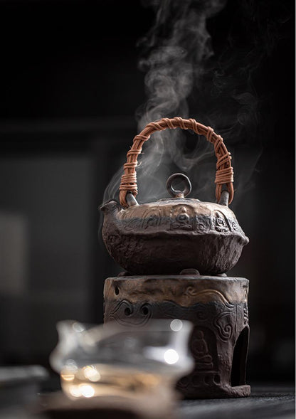 Théière rustique en argile de style Wabi-sabi avec poignée rétro et réchaud à alcool