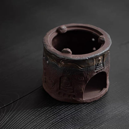 Théière rustique en argile de style Wabi-sabi avec poignée rétro et réchaud à alcool