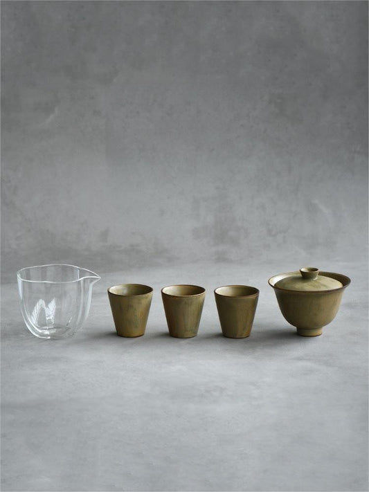 5pcs in 1 Yellow-green Ceramic Kiln Glaze Wabi-sabi Style Tea set