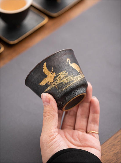 Tasse à thé en céramique vintage fabriquée à la main à Jingdezhen, avec double grue peinte à l'or