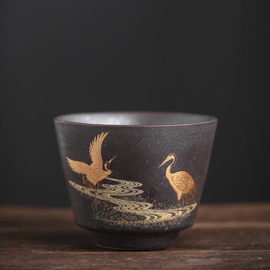 Jingdezhen Handcrafted Vintage Ceramic Teacup with Gilded-paint Double Cranes