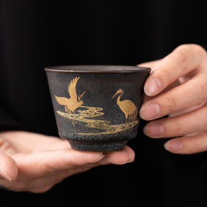 Tasse à thé en céramique vintage fabriquée à la main à Jingdezhen, avec double grue peinte à l'or