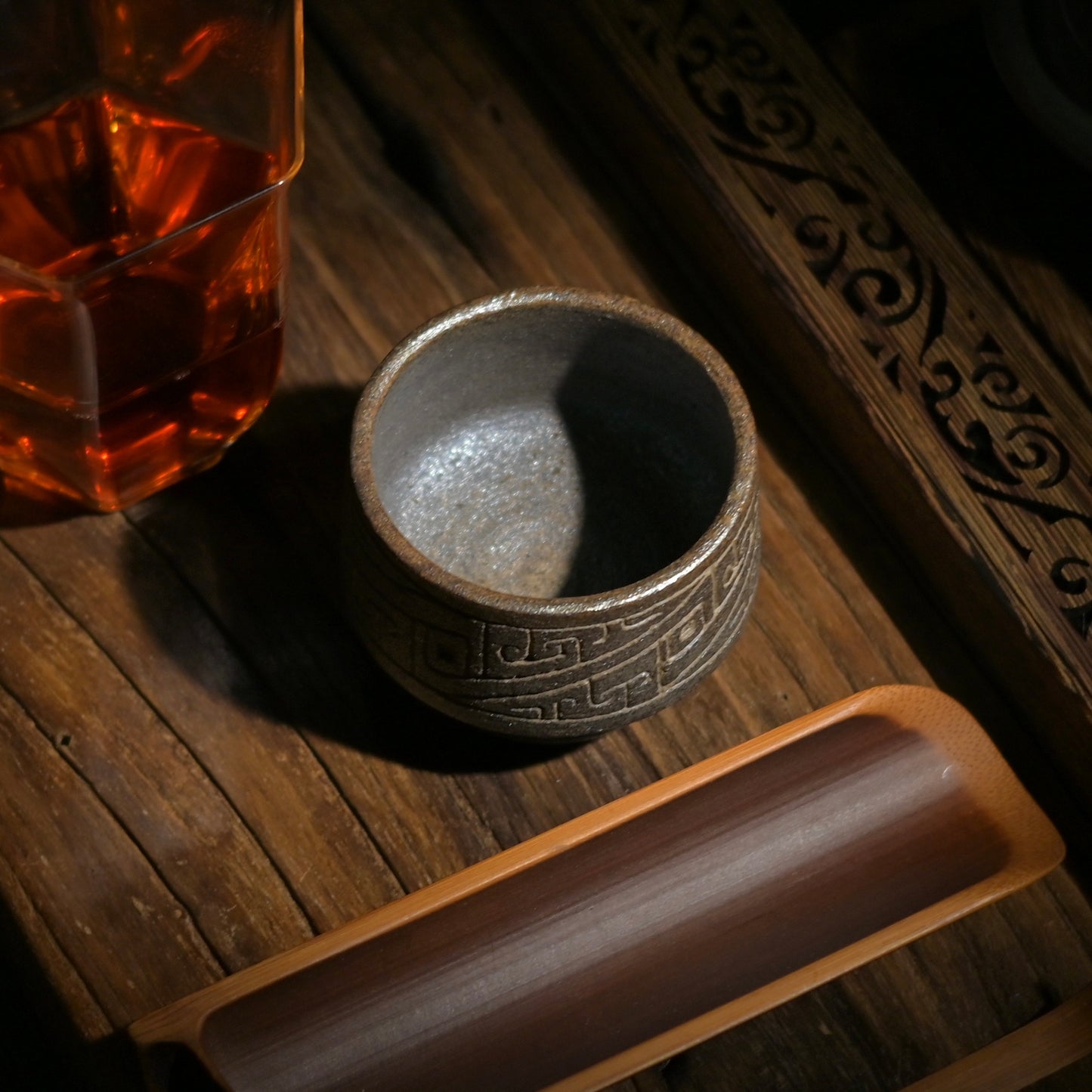 Handcrafted Wood-Fired Coarse Clay Short-Stem Tea Cup with Tribal Patterns