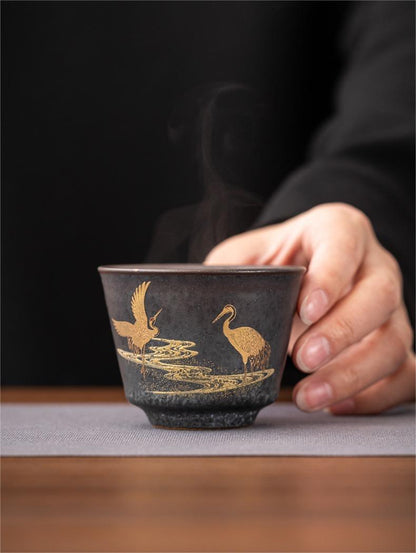 Tasse à thé en céramique vintage fabriquée à la main à Jingdezhen, avec double grue peinte à l'or
