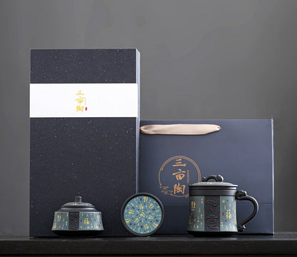 Tasse à thé en argile violette à motif lotus royal + boîte à thé