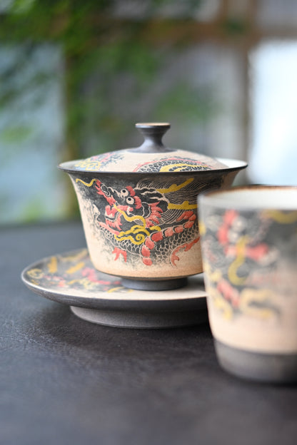 Jingdezhen Handgeschnitzte und Handbemalte Drachen-Ton-Gaiwan