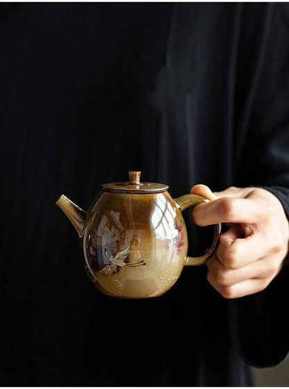 Théière Dragon Egg de Jingdezhen en bois, peinte à la main, grue sous glaçure