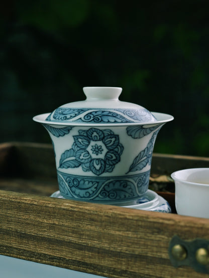 Hand painted blue and white under glaze ceramic tea set from Jingdezhen
