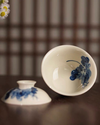 The gaiwan is crafted from pure kaolin clay, the high-white porcelain body that has made Jingdezhen famous for over a millennium 