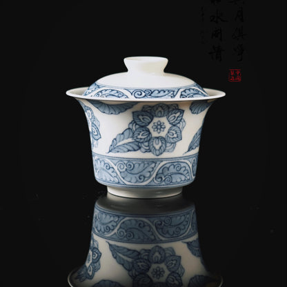 Handcrafted blue and white porcelain gaiwan from Jingdezhen