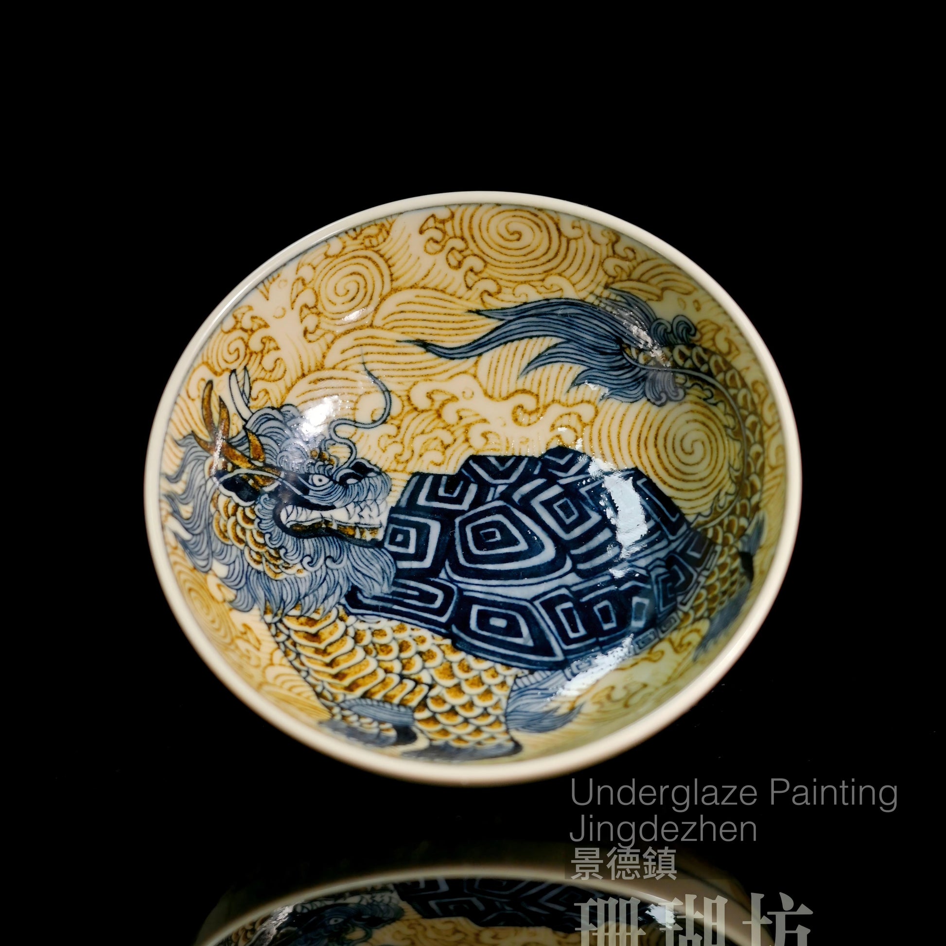 Jingdezhen hand-painted underglaze golden Dragon-Turtle Pu-erh cup featuring Bixia from Chinese mythology