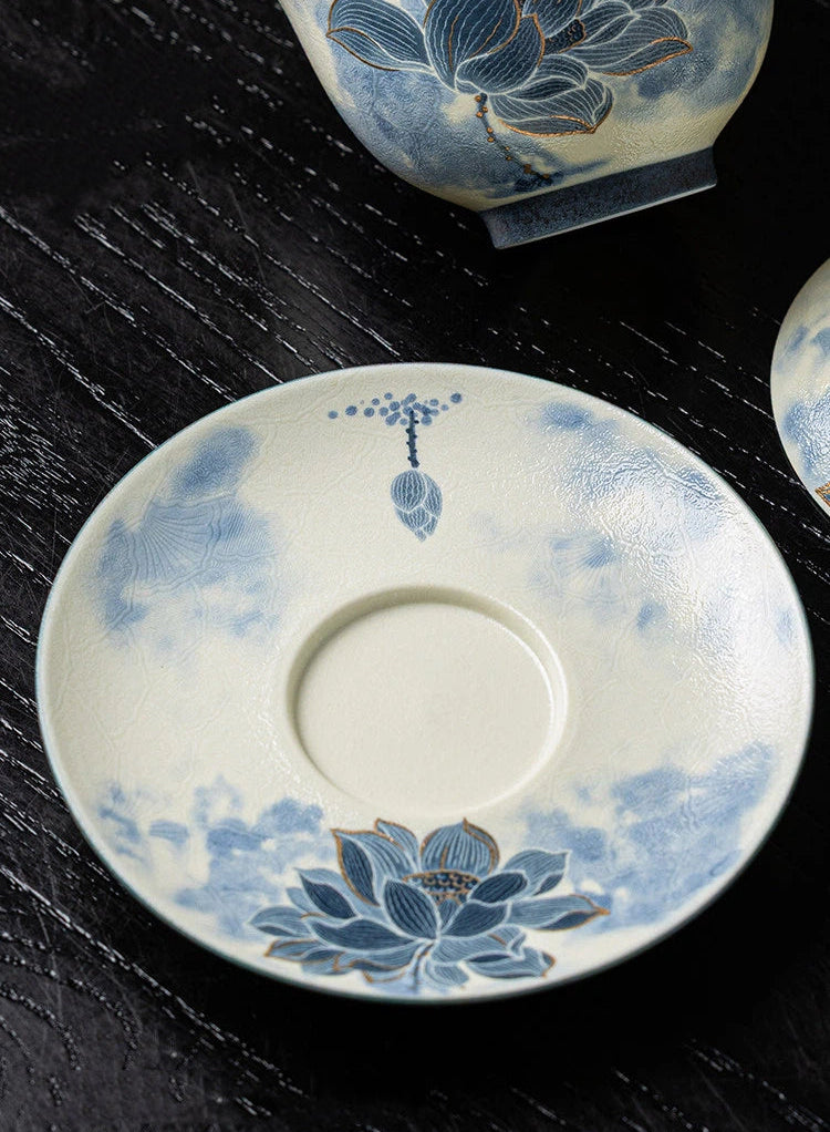 Macro view highlighting the vivid cobalt blue glaze and smooth white porcelain finish.