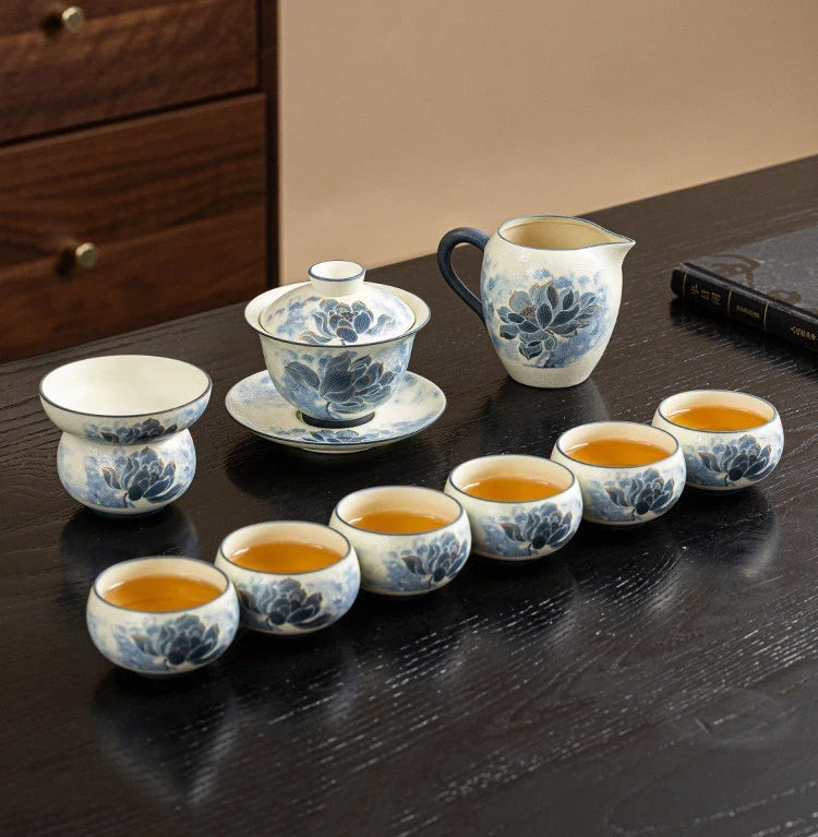 Jingdezhen Hand-Carved Blue and White Porcelain 11-Piece Gongfu Tea Set in a front studio shot.
