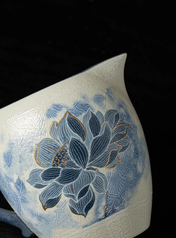 Macro view highlighting the vivid cobalt blue glaze and smooth white porcelain finish.