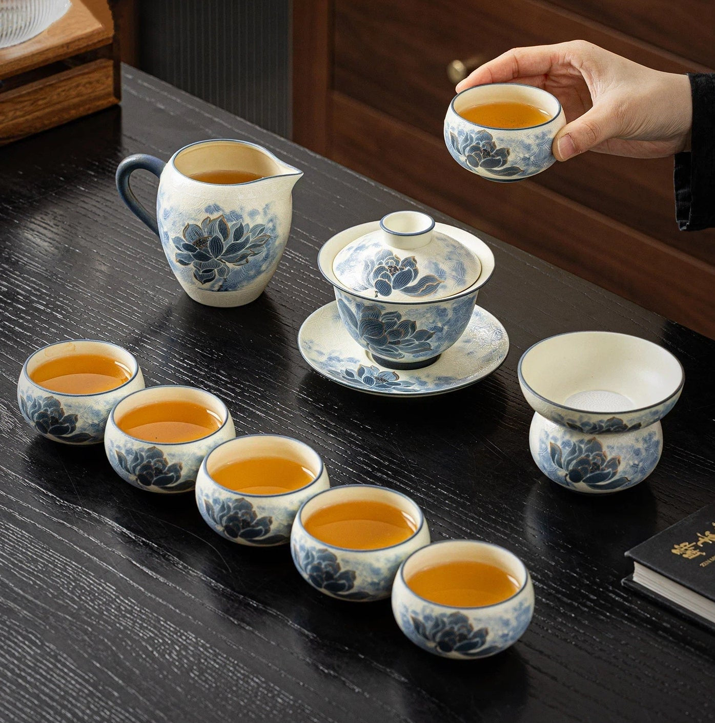 Jingdezhen Hand-Carved Blue and White Porcelain 11-Piece Tea Set arranged on a wooden tea tray.